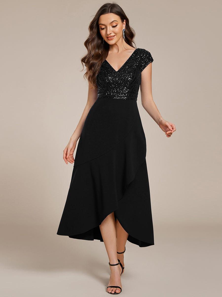 A-Line V-Neck Wedding Guest Dress #color_Black