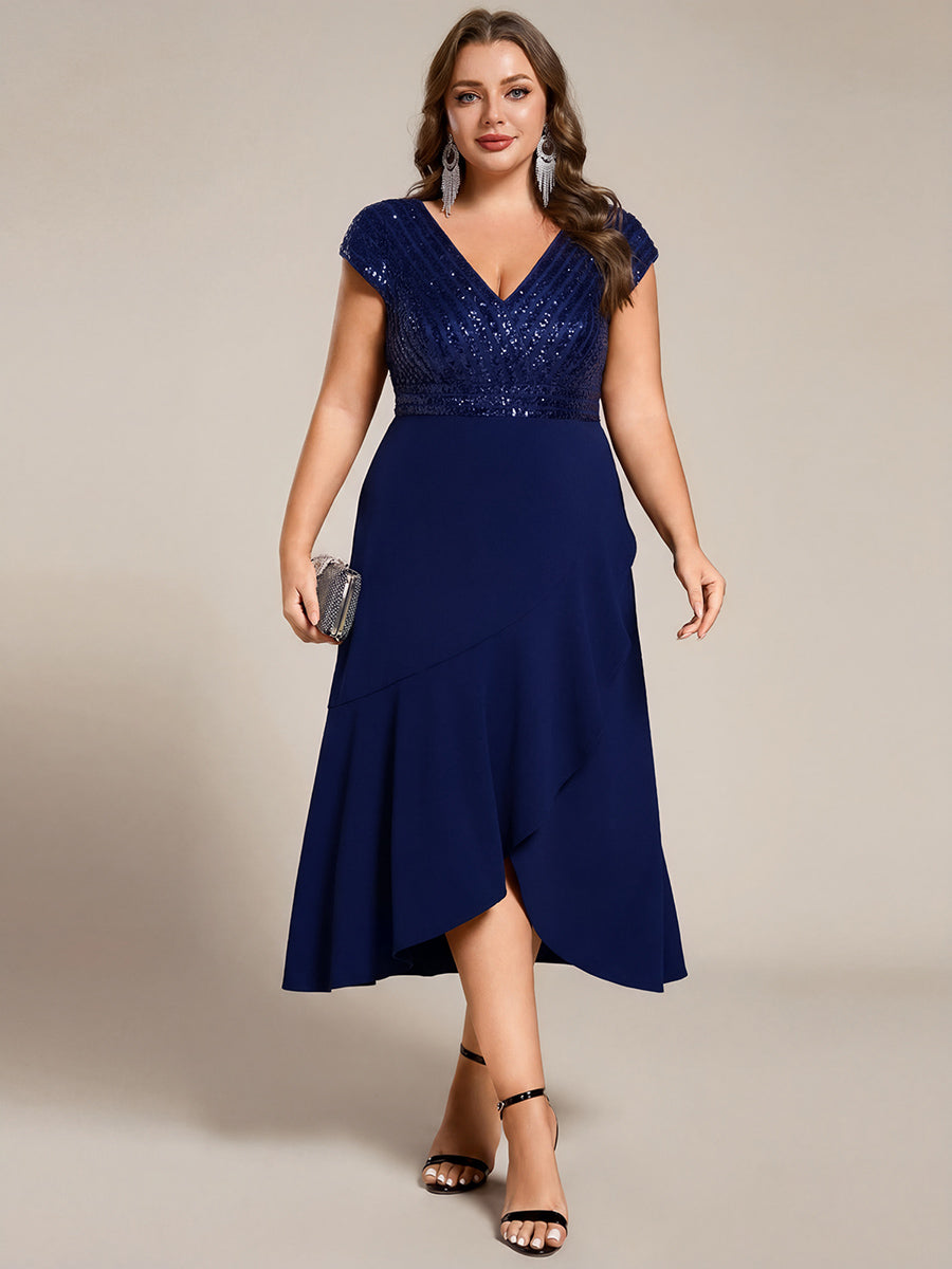 Short Sleeve V-Neck Midi Sequin Formal Dress with Chiffon #color_Navy Blue