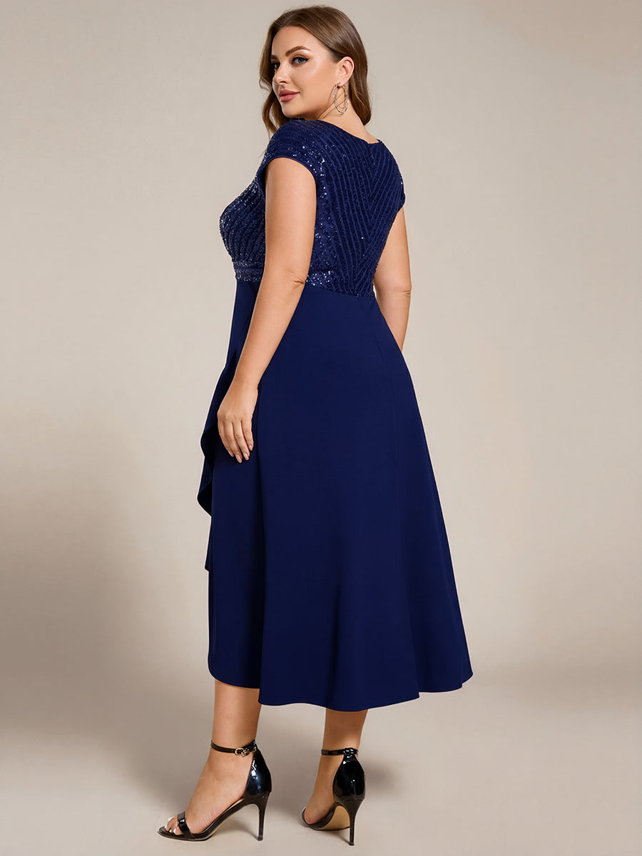 Short Sleeve V-Neck Midi Sequin Formal Dress with Chiffon #color_Navy Blue