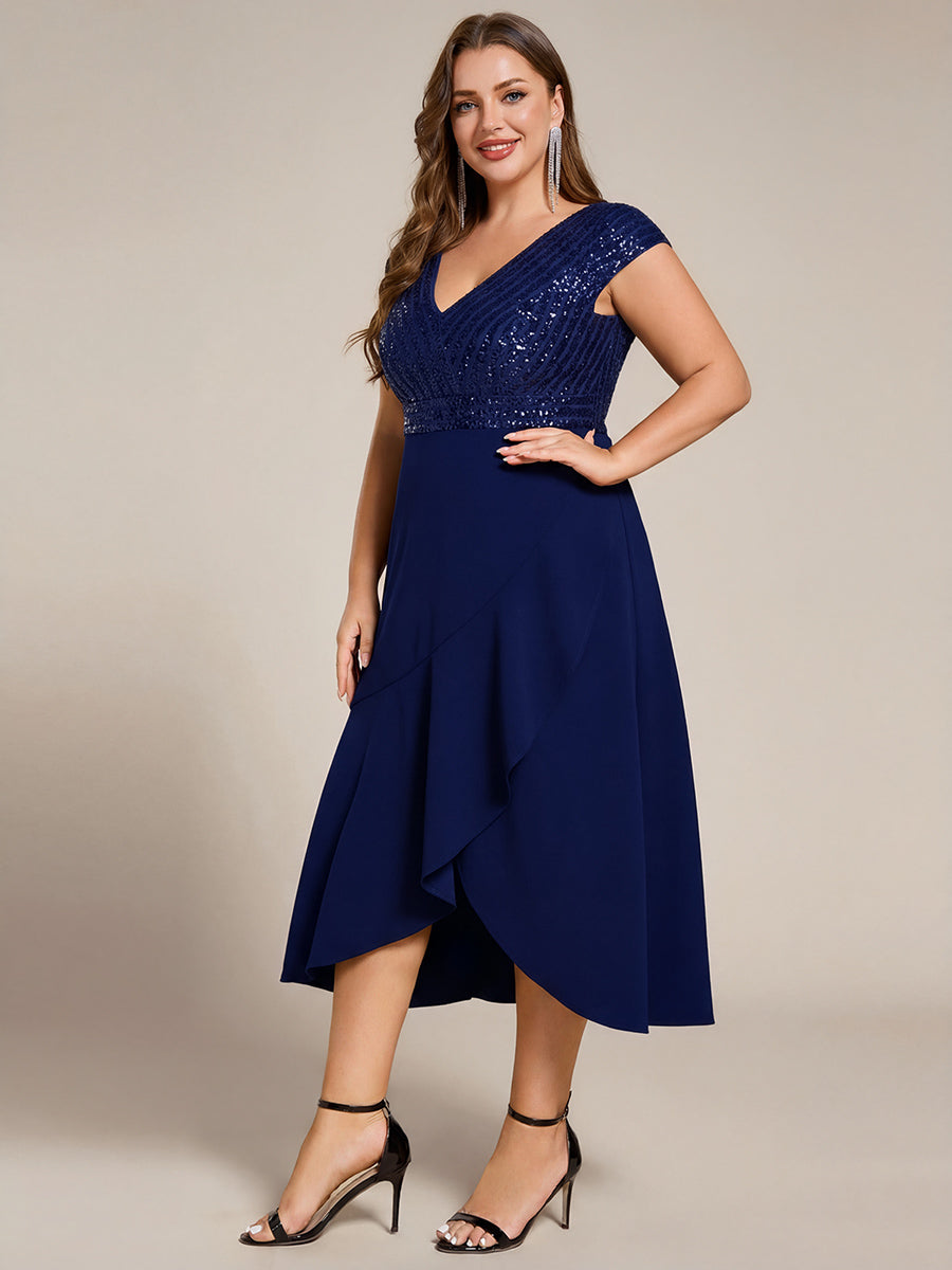 Short Sleeve V-Neck Midi Sequin Formal Dress with Chiffon #color_Navy Blue