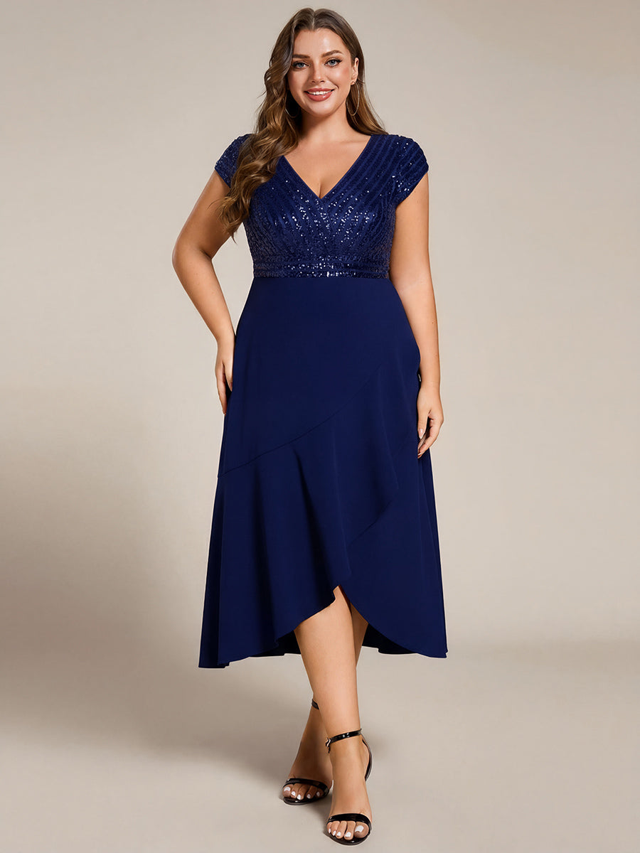 Short Sleeve V-Neck Midi Sequin Formal Dress with Chiffon #color_Navy Blue