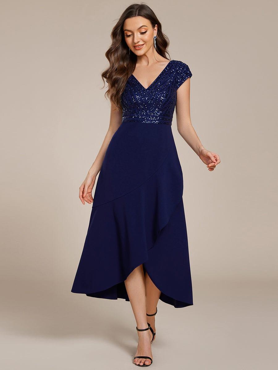 A-Line V-Neck Wedding Guest Dress #color_Navy Blue
