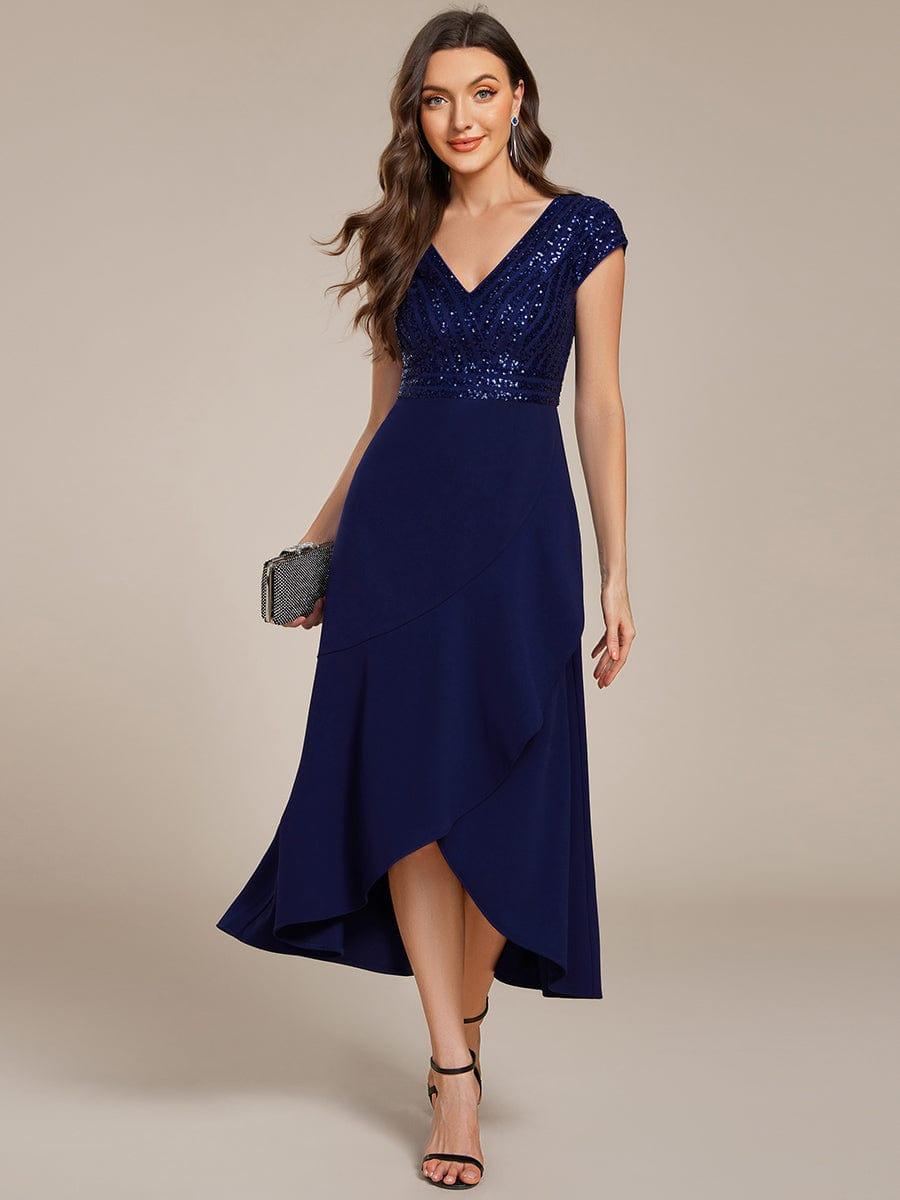 A-Line V-Neck Wedding Guest Dress #color_Navy Blue