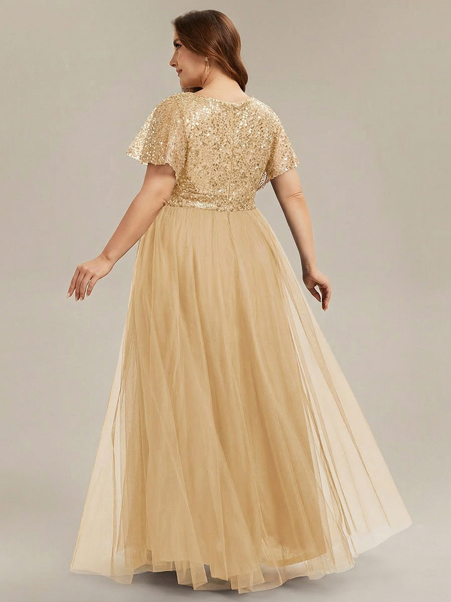 Plus Size Short Sleeves Sequin V-Neck Formal Evening Dress with Tulle #color_Gold