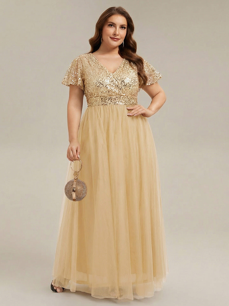 Plus Size Short Sleeves Sequin V-Neck Formal Evening Dress with Tulle #color_Gold