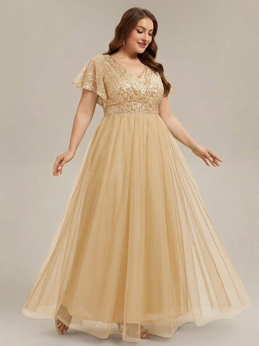 Plus Size Short Sleeves Sequin V-Neck Formal Evening Dress with Tulle #color_Gold