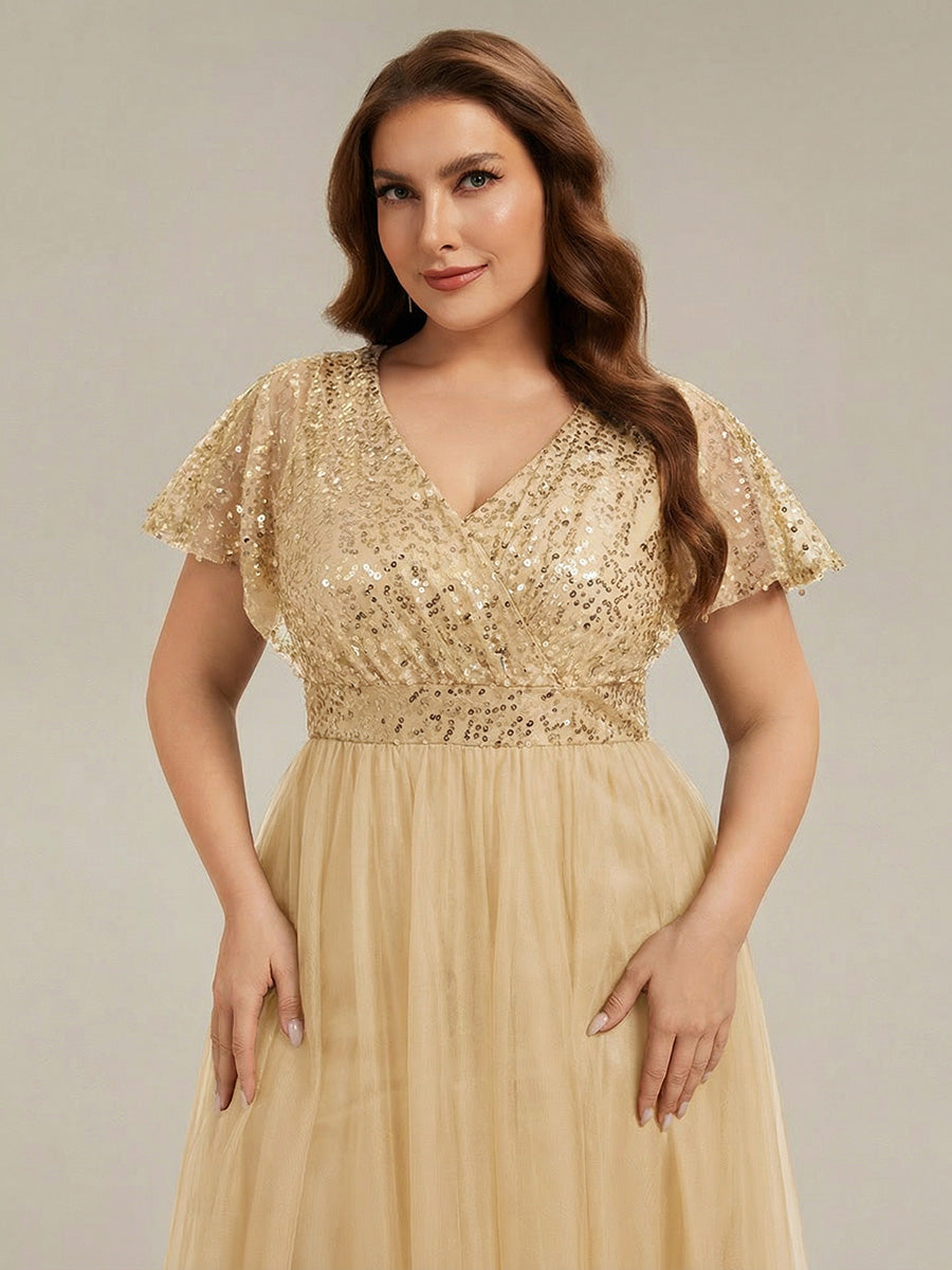Plus Size Short Sleeves Sequin V-Neck Formal Evening Dress with Tulle #color_Gold