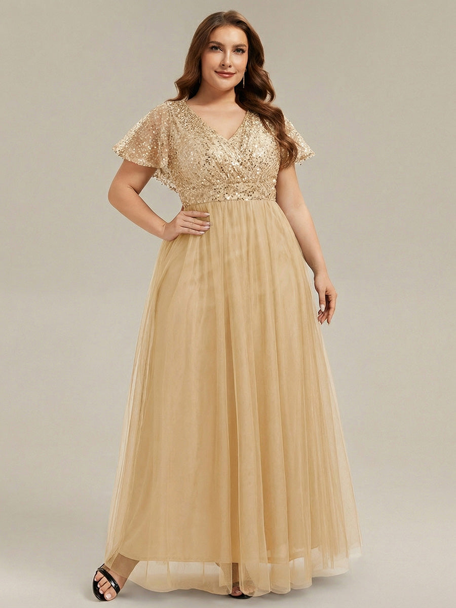 Plus Size Short Sleeves Sequin V-Neck Formal Evening Dress with Tulle #color_Gold