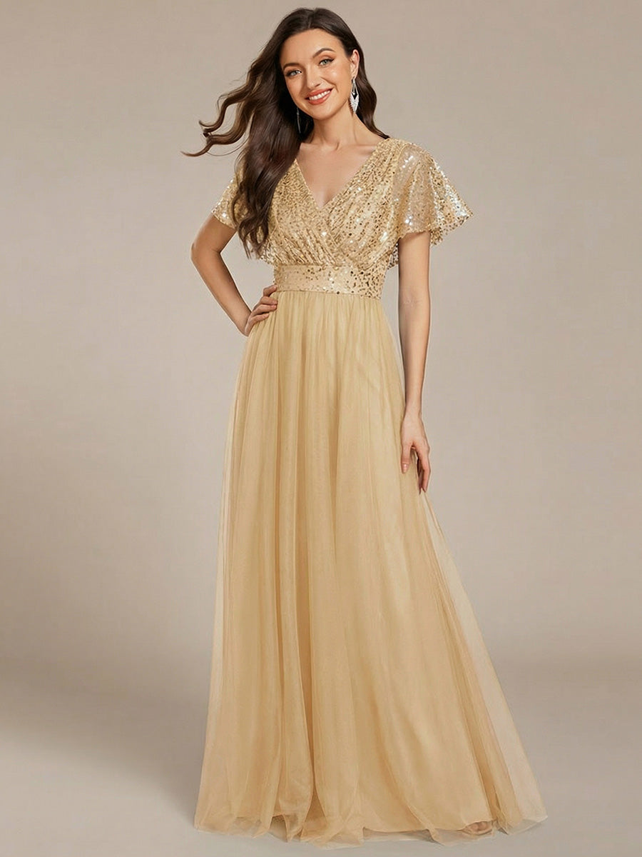 Sparkly Sequin A-Line V-Neck Tulle Formal Evening Dress #color_Gold