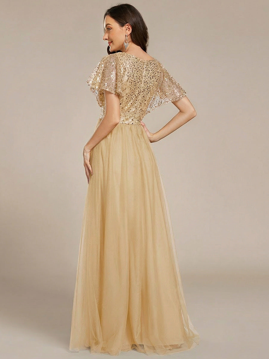 Sparkly Sequin A-Line V-Neck Tulle Formal Evening Dress #color_Gold