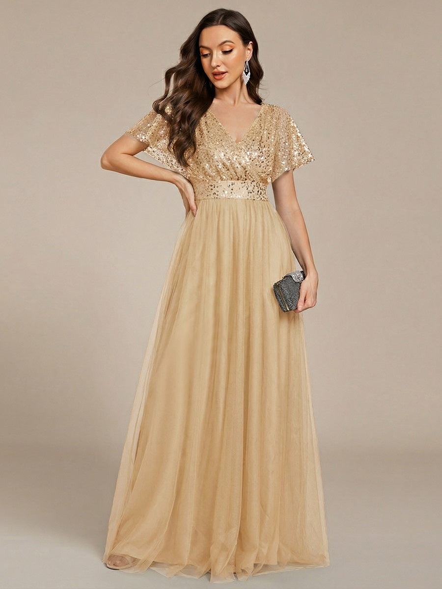 Sparkly Sequin A-Line V-Neck Tulle Formal Evening Dress #color_Gold