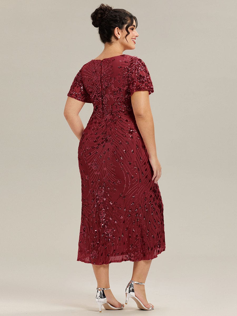 Floral Sequin Ruffled Sleeve Mermaid Formal Dresses #color_Burgundy