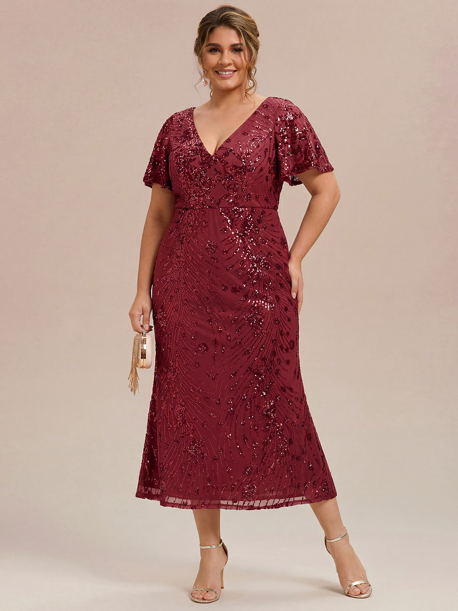 Plus Size Sequin Mermaid Formal Dress #color_Burgundy