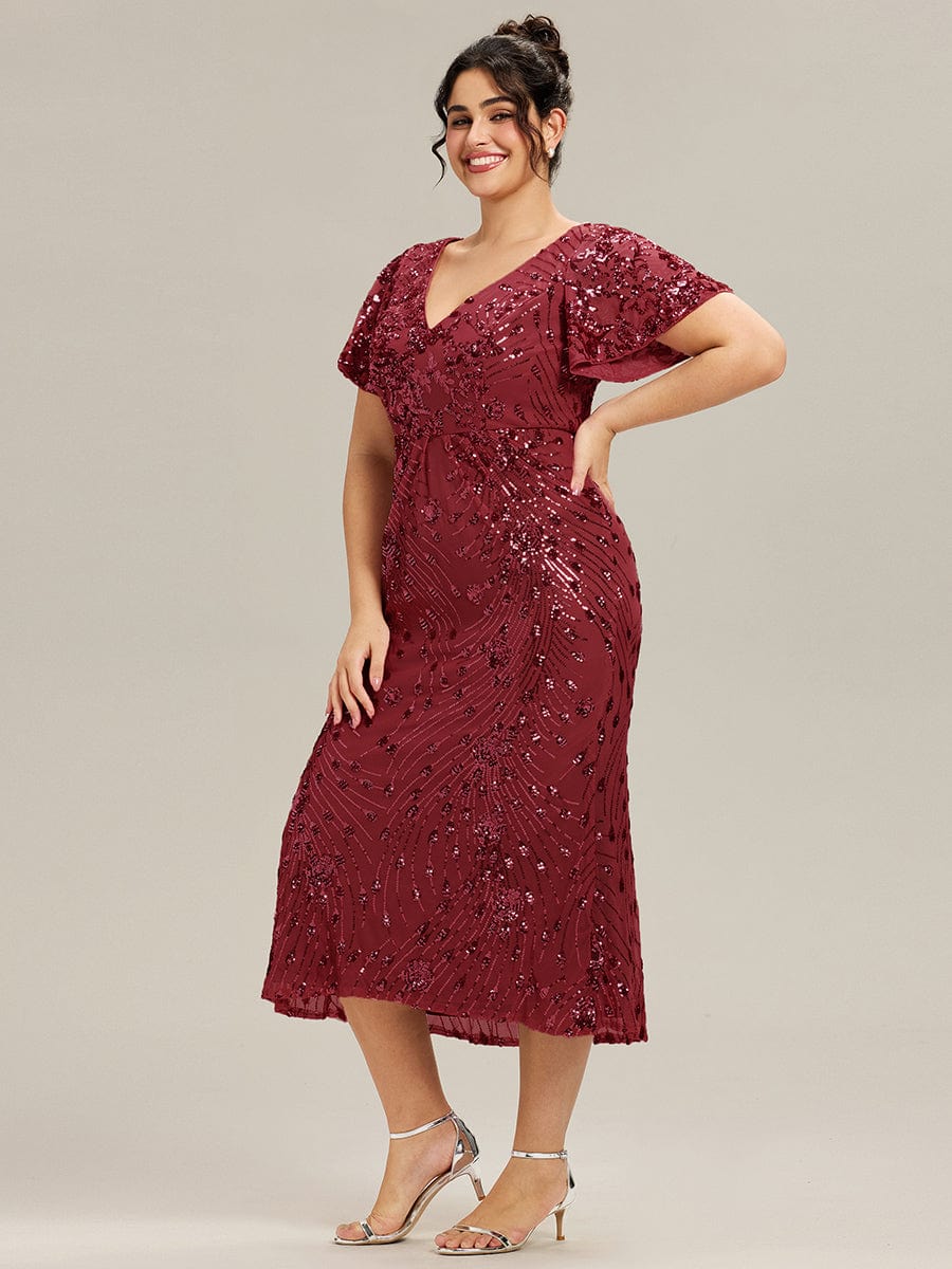Plus Size Sequin Mermaid Formal Dress #color_Burgundy