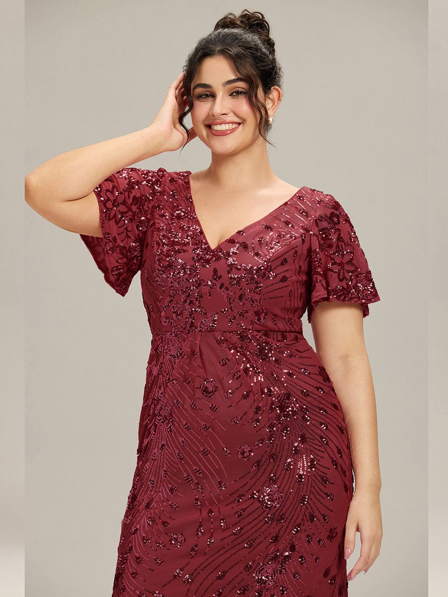 Floral Sequin Ruffled Sleeve Mermaid Formal Dresses #color_Burgundy