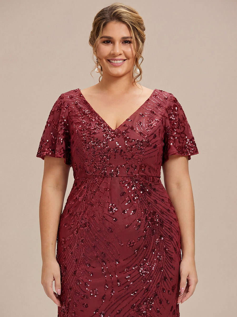 Plus Size Sequin Mermaid Formal Dress #color_Burgundy