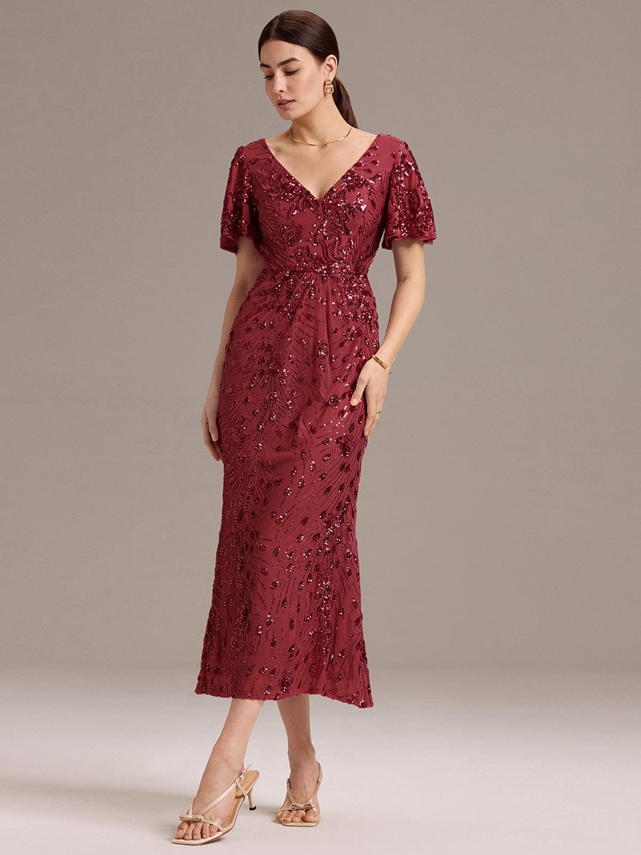 Floral Sequin Ruffled Sleeve Mermaid Formal Dresses #color_Burgundy