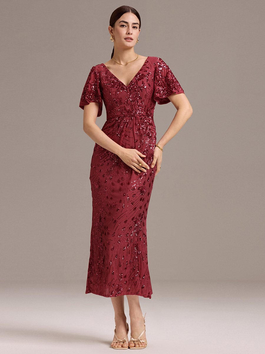 Floral Sequin Ruffled Sleeve Mermaid Formal Dresses #color_Burgundy