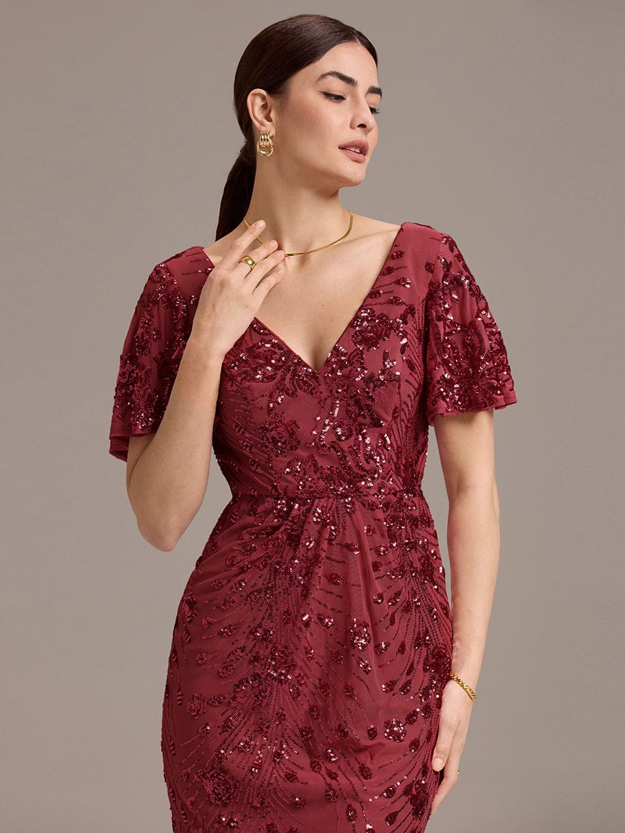 Embroidery Sequin Mother of the Bride Dress #color_Burgundy