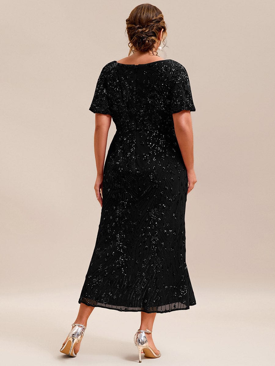 Floral Sequin Ruffled Sleeve Mermaid Formal Dresses #color_Black