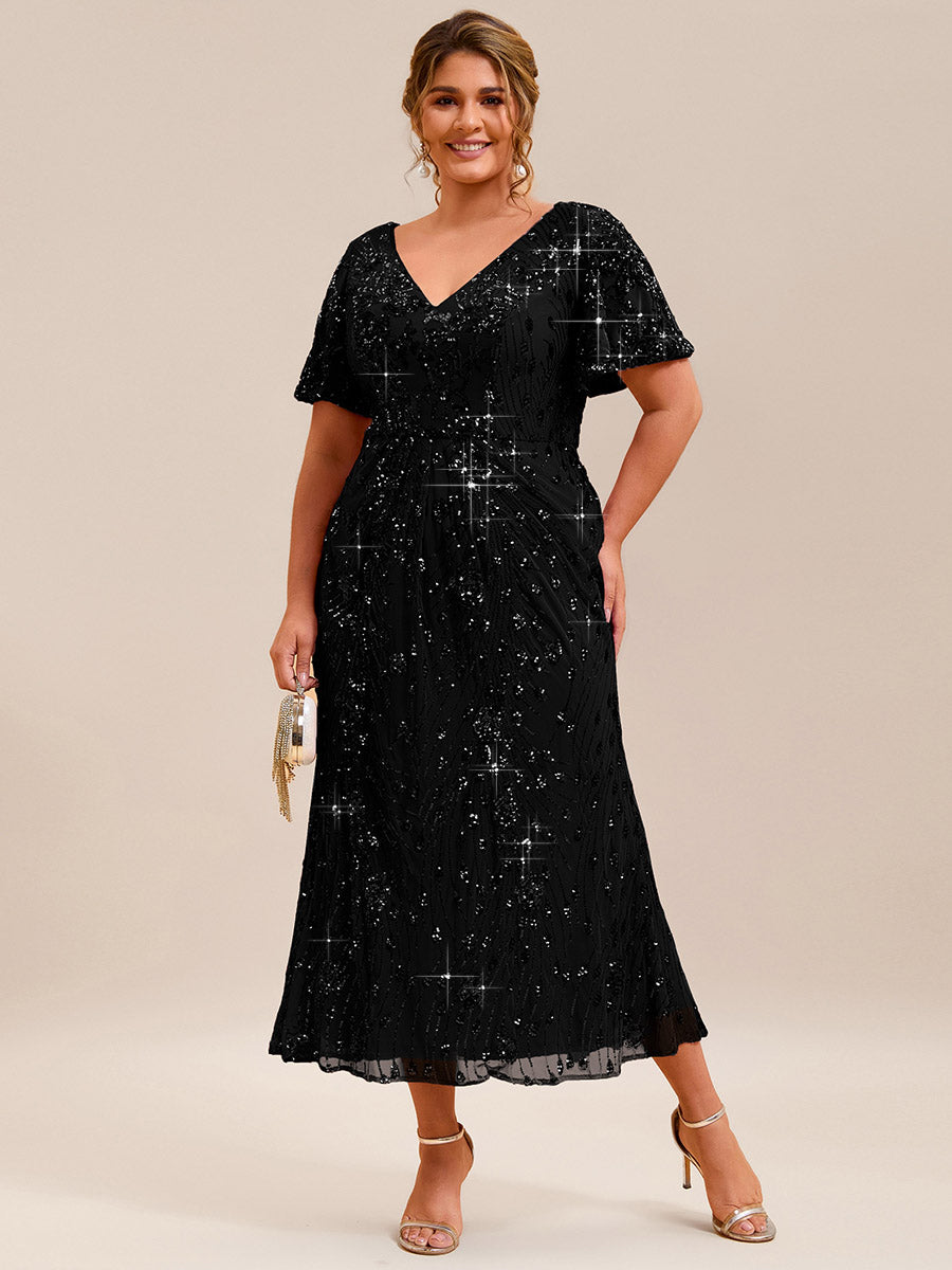 Floral Sequin Ruffled Sleeve Mermaid Formal Dresses #color_Black