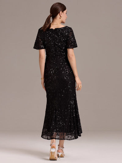 Floral Sequin  Ruffled Sleeve Mermaid Formal Dresses #color_Black