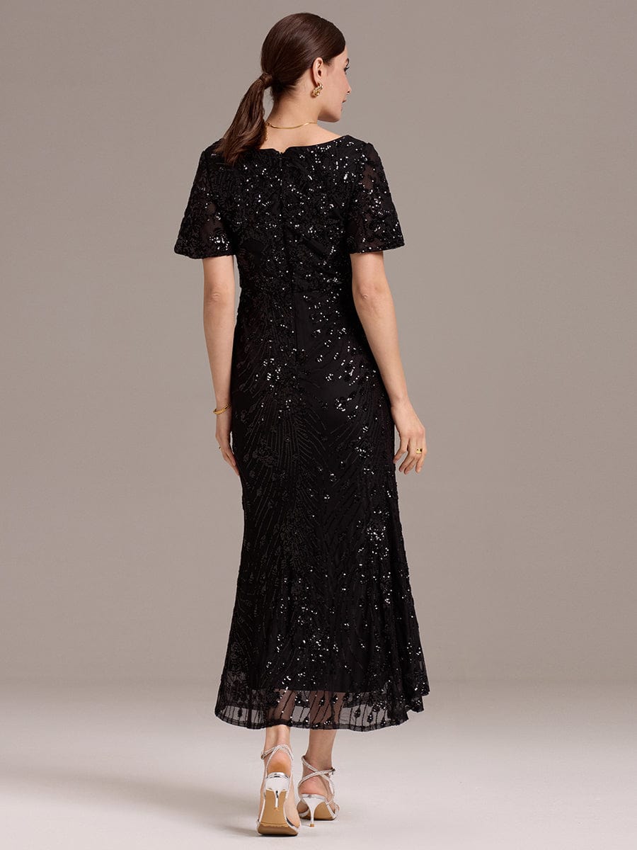 Floral Sequin Ruffled Sleeve Mermaid Formal Dresses #color_Black