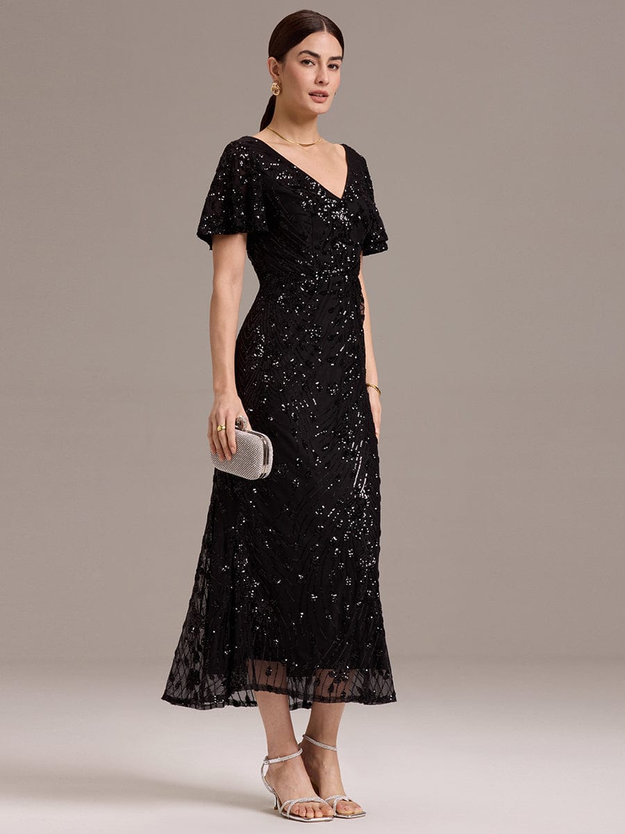 Embroidery Sequin Formal Wedding Guest Dress #color_Black