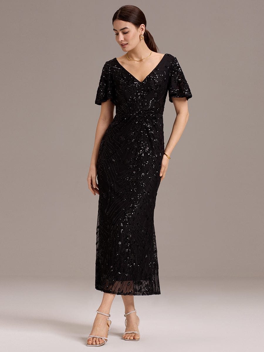 Embroidery Sequin Formal Wedding Guest Dress #color_Black