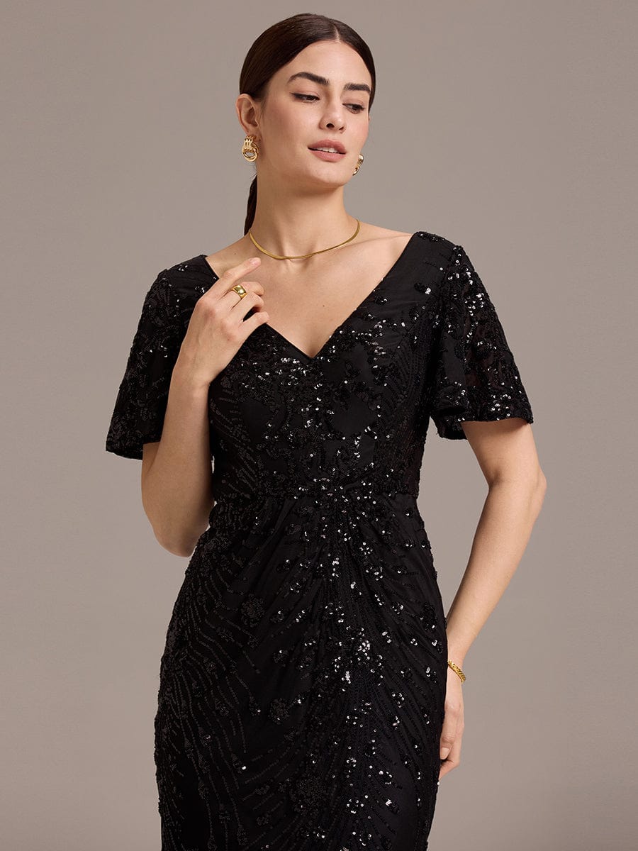 Embroidery Sequin Formal Wedding Guest Dress #color_Black