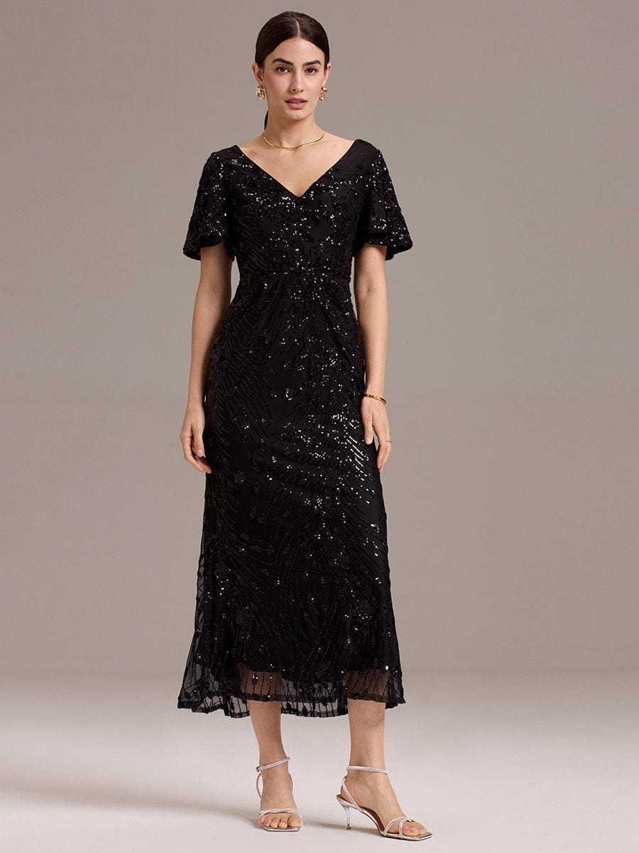 Embroidery Sequin Formal Wedding Guest Dress #color_Black