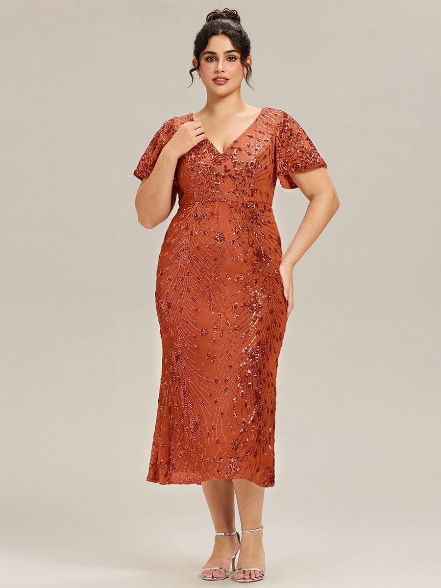 Floral Sequin Ruffled Sleeve Mermaid Formal Dresses #color_Burnt Orange