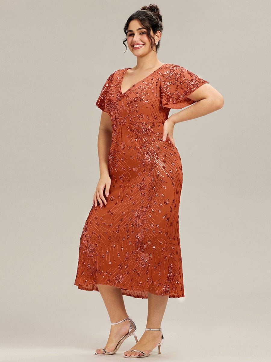 Floral Sequin Ruffled Sleeve Mermaid Formal Dresses #color_Burnt Orange