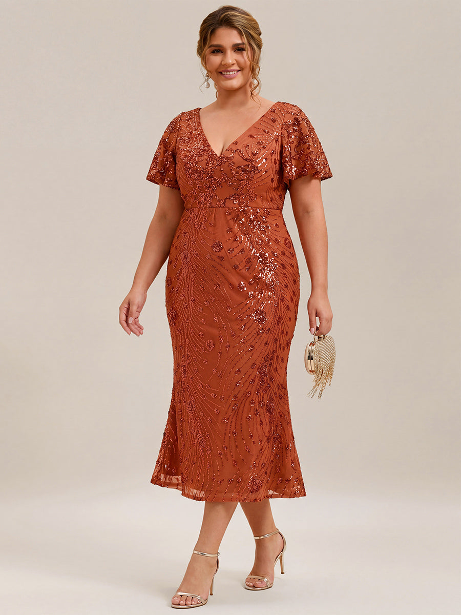 Floral Sequin Ruffled Sleeve Mermaid Formal Dresses #color_Burnt Orange