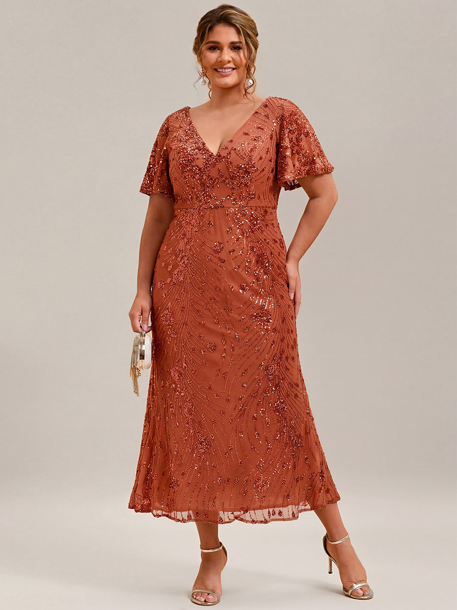 Floral Sequin Ruffled Sleeve Mermaid Formal Dresses #color_Burnt Orange