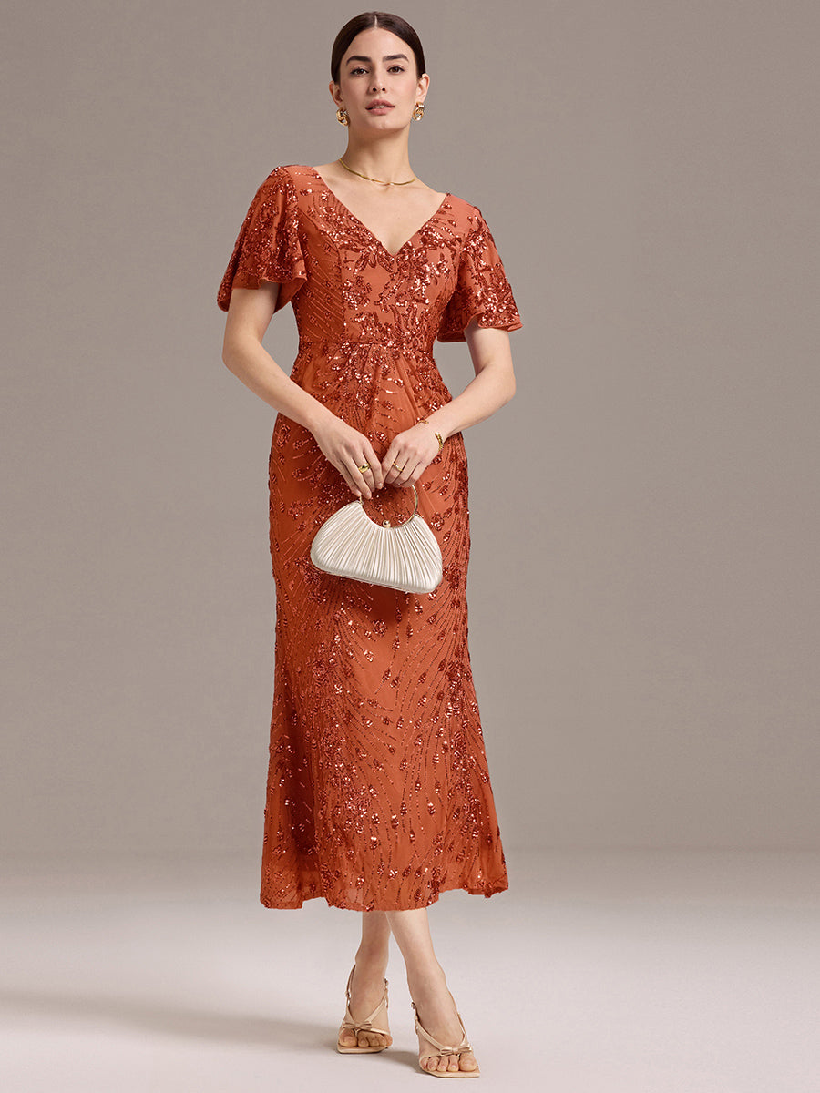 Embroidery Sequin Mother of the Bride Dress #color_Burnt Orange