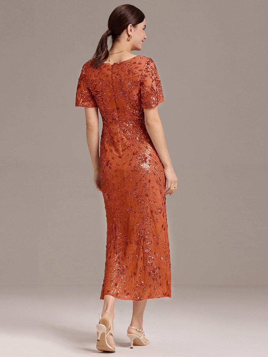 Embroidery Sequin Mother of the Bride Dress #color_Burnt Orange