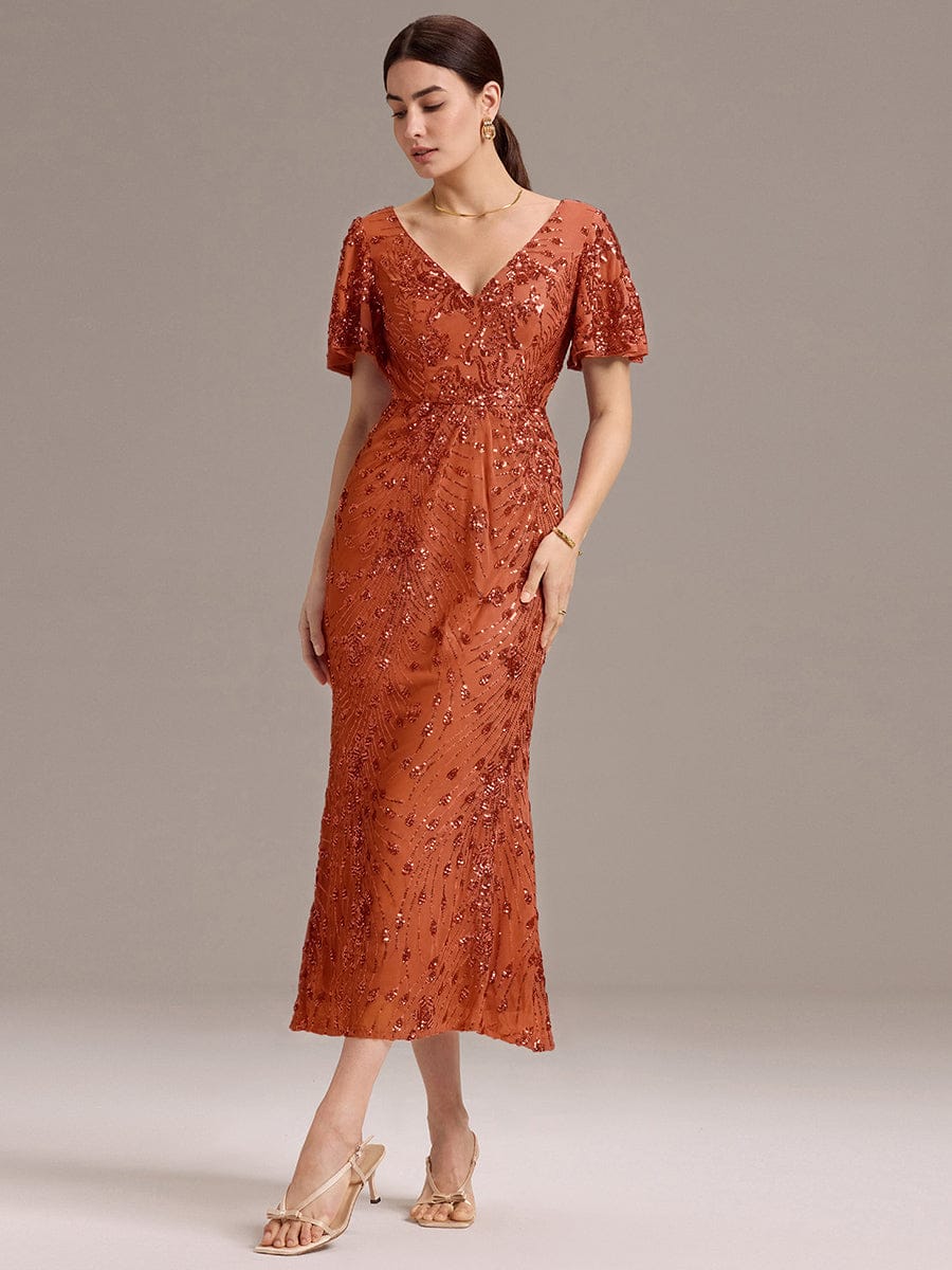 Embroidery Sequin Mother of the Bride Dress #color_Burnt Orange