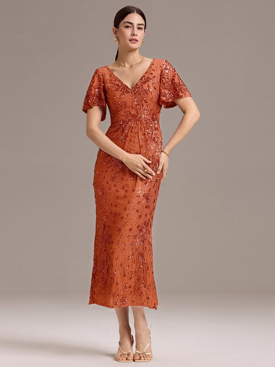 Embroidery Sequin Mother of the Bride Dress #color_Burnt Orange
