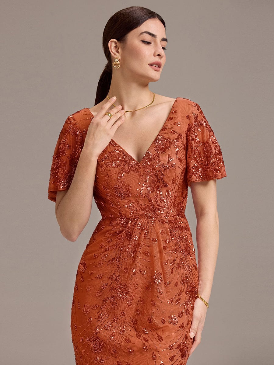 Floral Sequin Ruffled Sleeve Mermaid Formal Dresses #color_Burnt Orange