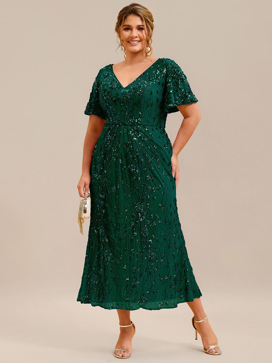 Floral Sequin Ruffled Sleeve Mermaid Formal Dresses #color_Dark Green