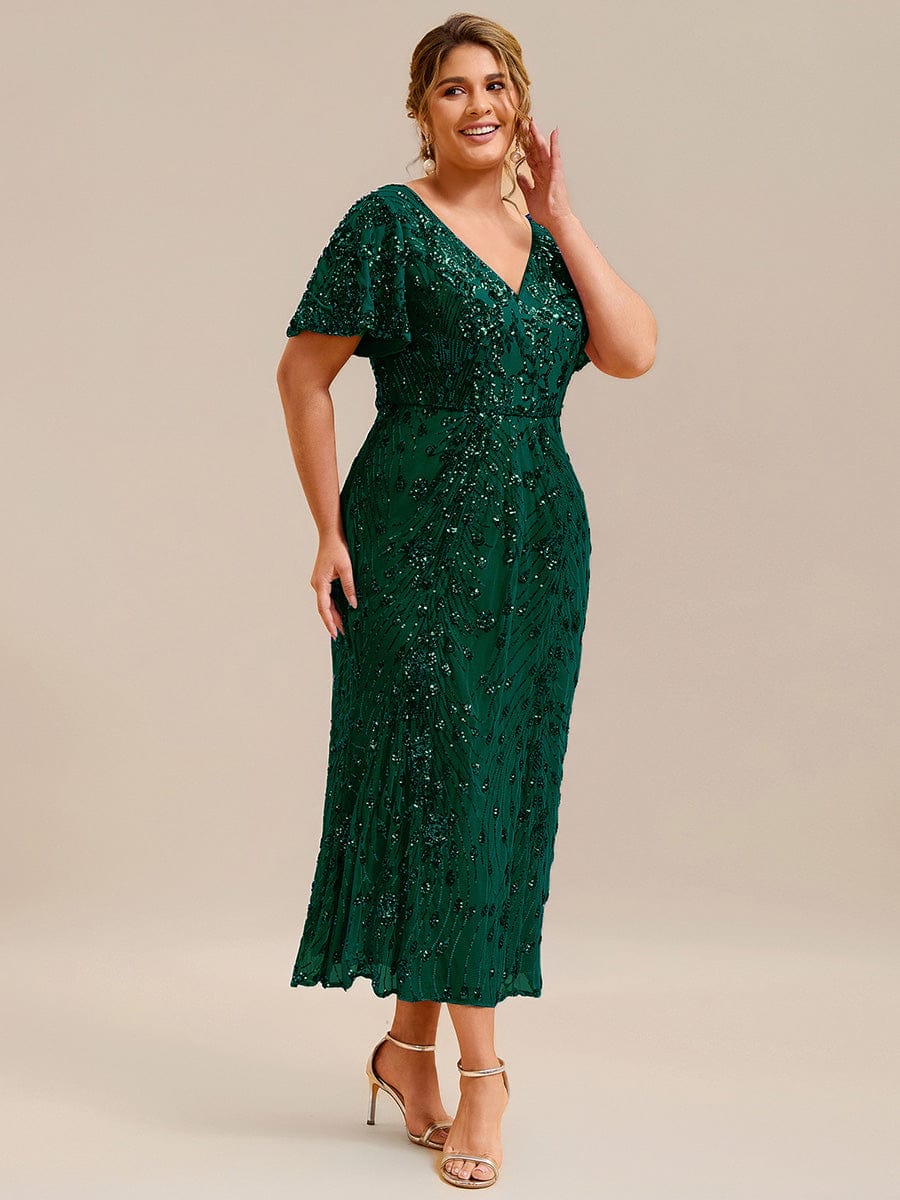 Floral Sequin Ruffled Sleeve Mermaid Formal Dresses #color_Dark Green