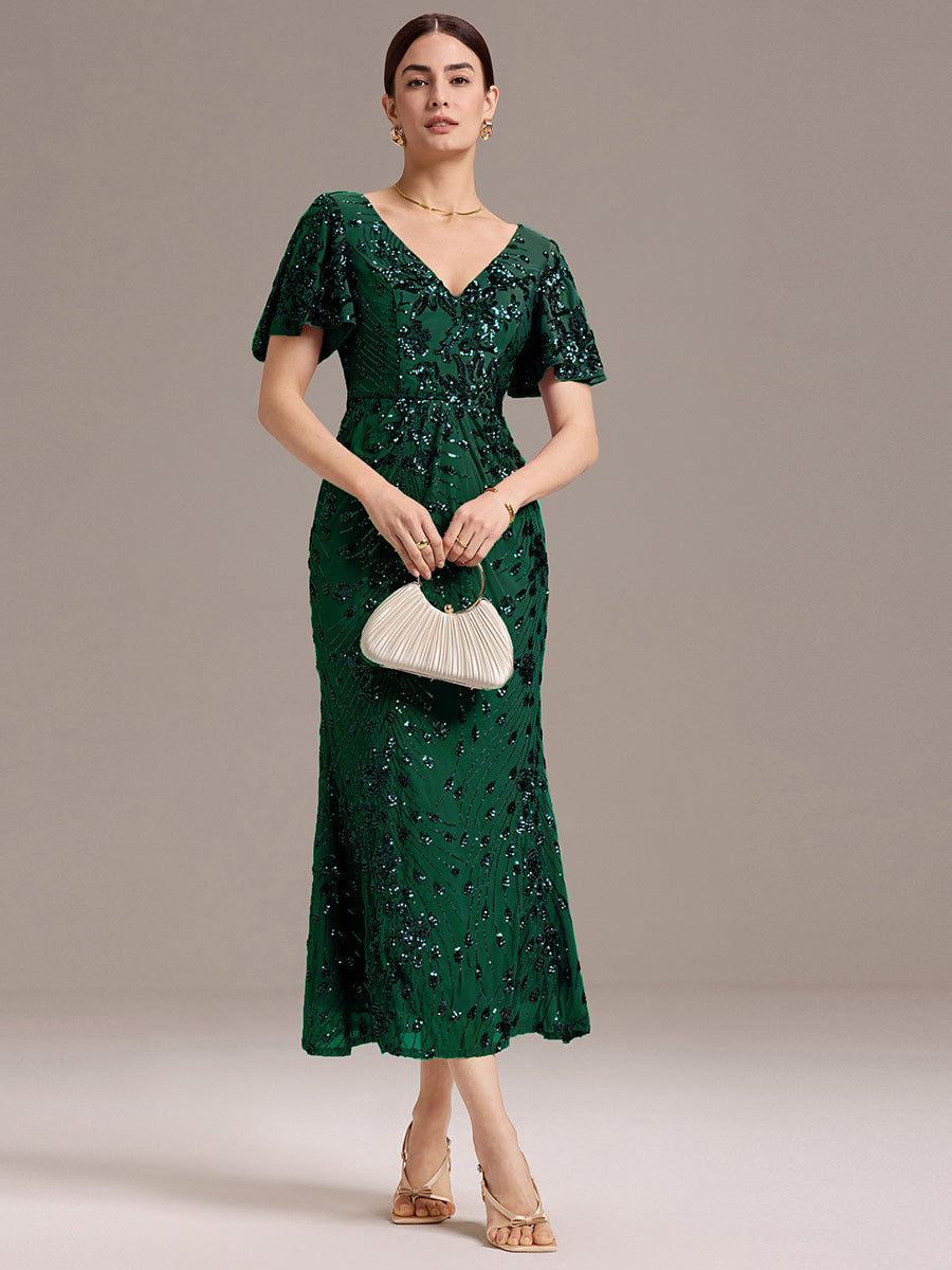 Floral Sequin Ruffled Sleeve Mermaid Formal Dresses #color_Dark Green