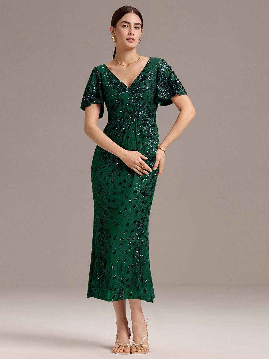 Floral Sequin Ruffled Sleeve Mermaid Formal Dresses #color_Dark Green