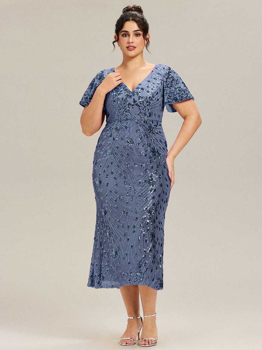 Plus Size Sequin Mermaid Formal Dress #color_Dusty Blue