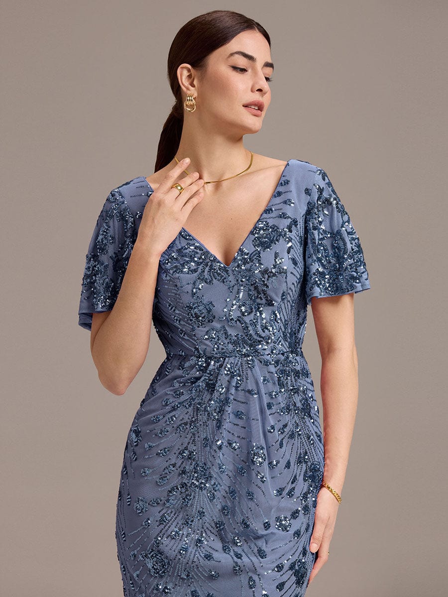 Floral Sequin Ruffled Sleeve Mermaid Formal Dresses #color_Dusty Blue