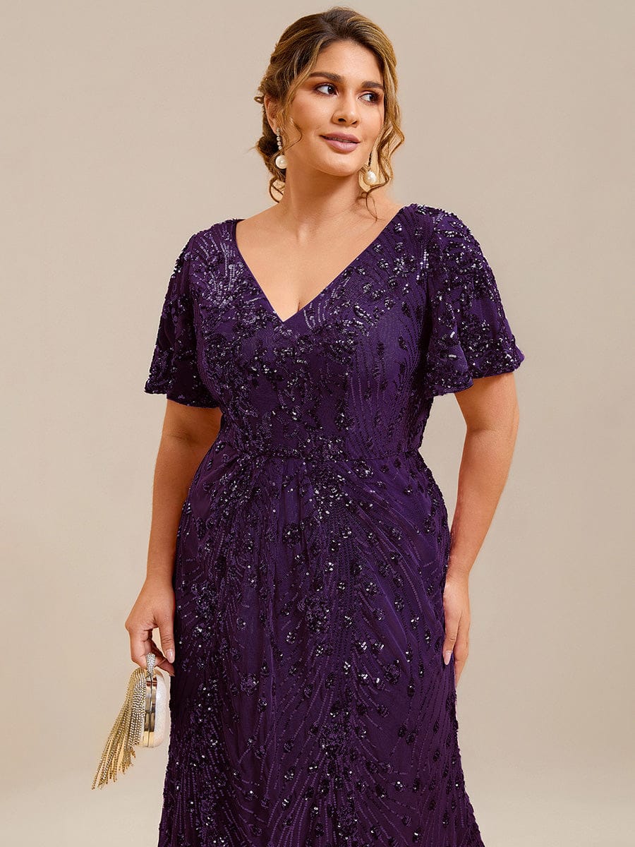 Floral Sequin Ruffled Sleeve Mermaid Formal Dresses #color_Dark Purple