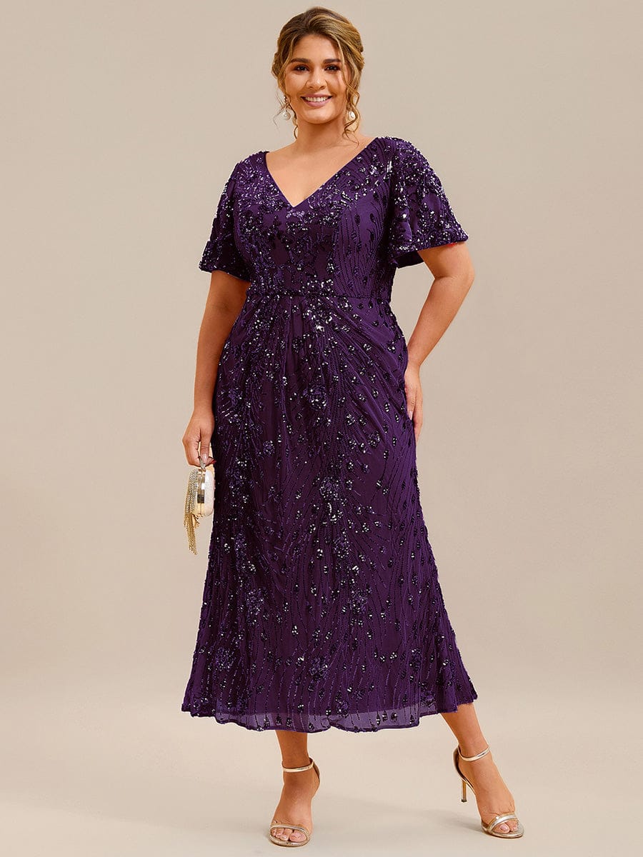 Embroidery Sequin Mother of the Bride Dress #color_Dark Purple