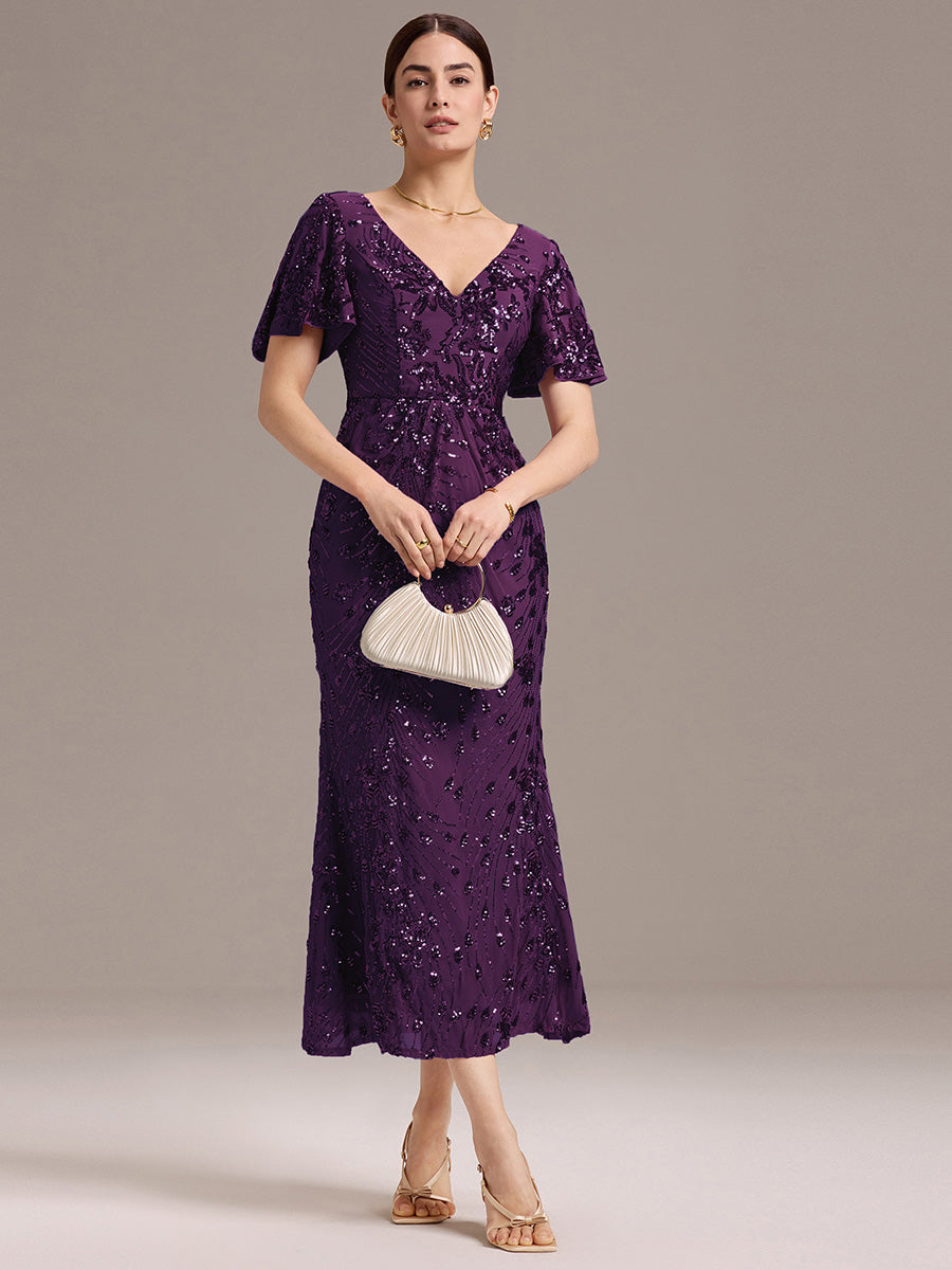 Floral Sequin Ruffled Sleeve Mermaid Formal Dresses #color_Dark Purple