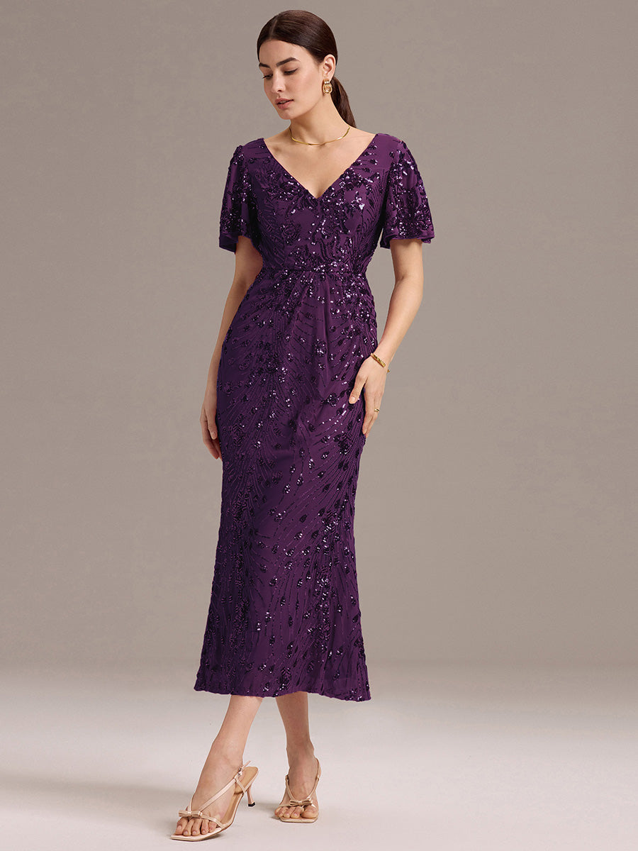 Floral Sequin Ruffled Sleeve Mermaid Formal Dresses #color_Dark Purple